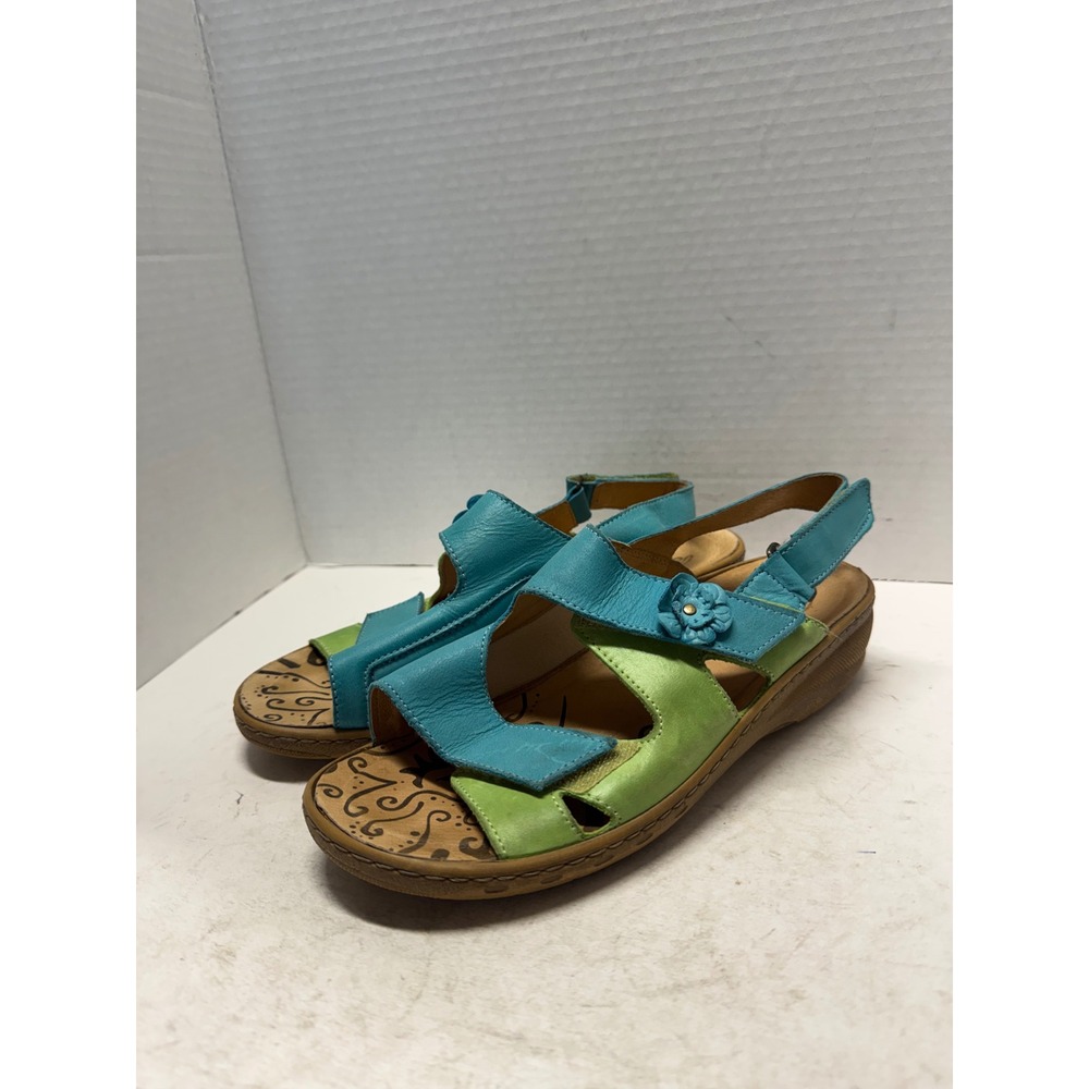 Pikolinos Teal Lime Green Leather Flower Slingback Comfort Sandals Spain 39 8.5